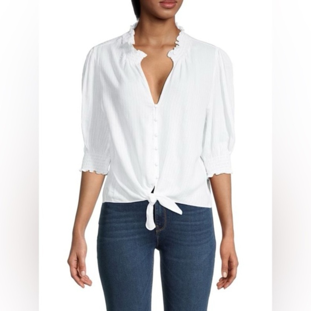 Sanctuary White Button-Front Tie Hem Puff Sleeve Top